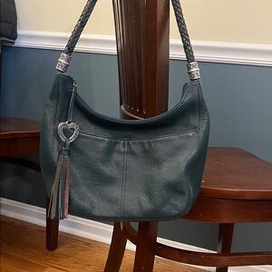 Brighton Barbados Hobo Ziptop Leather Boho Braided Strap Teal Shoulder Bag